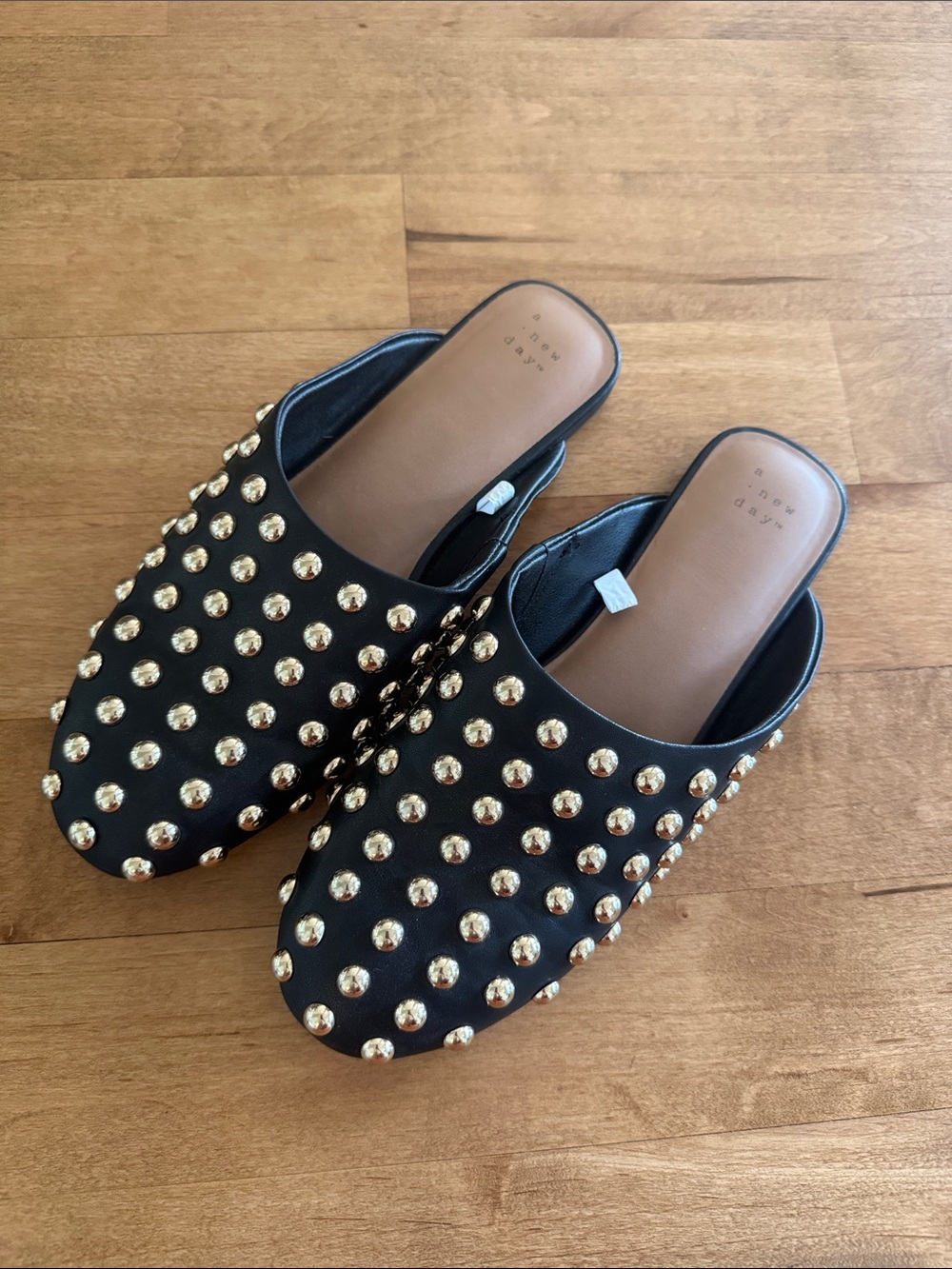Black Studded Slip-On Mules with Gold Accents, Women’s Size 9